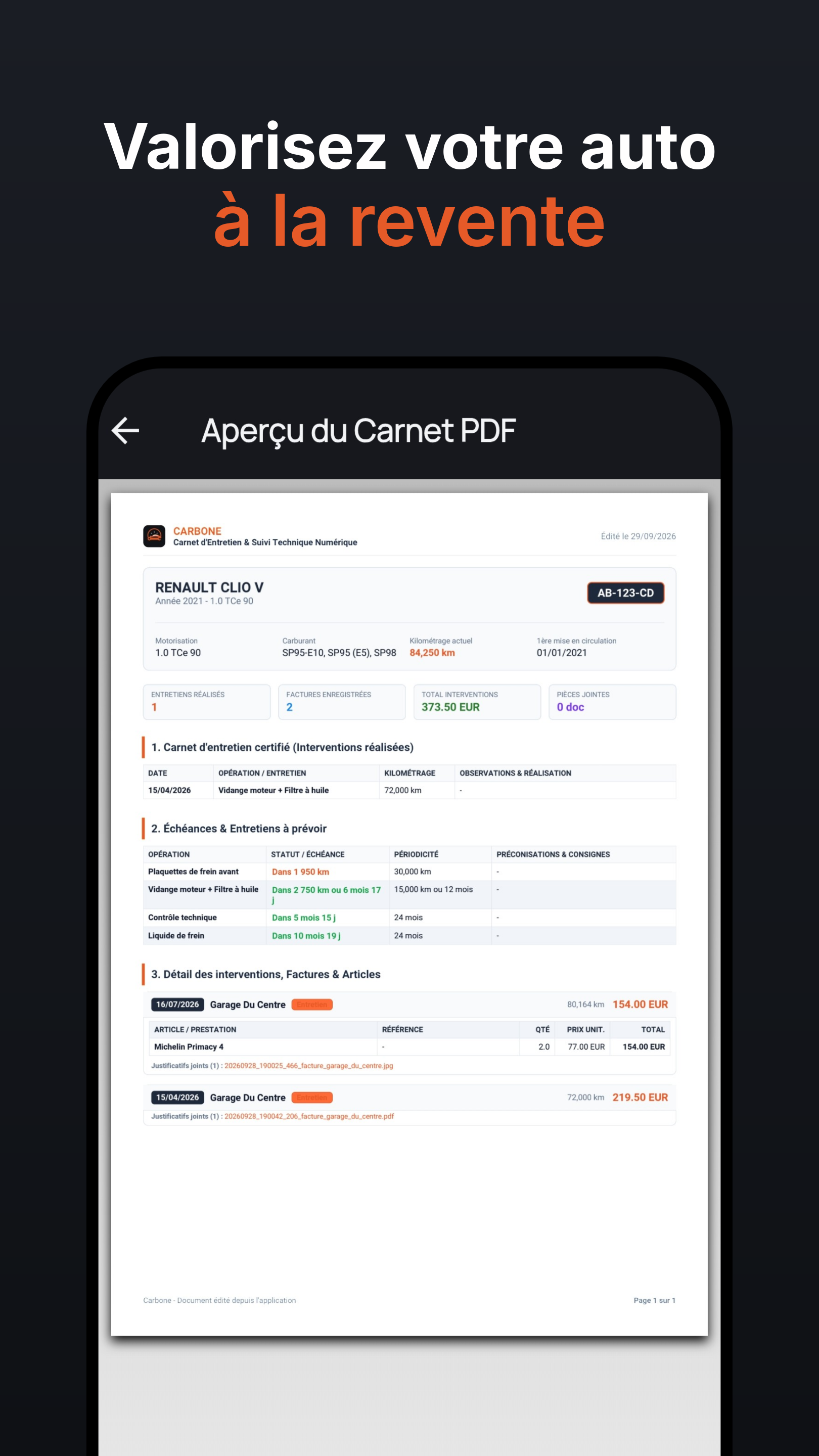 Export PDF certifié pour la revente